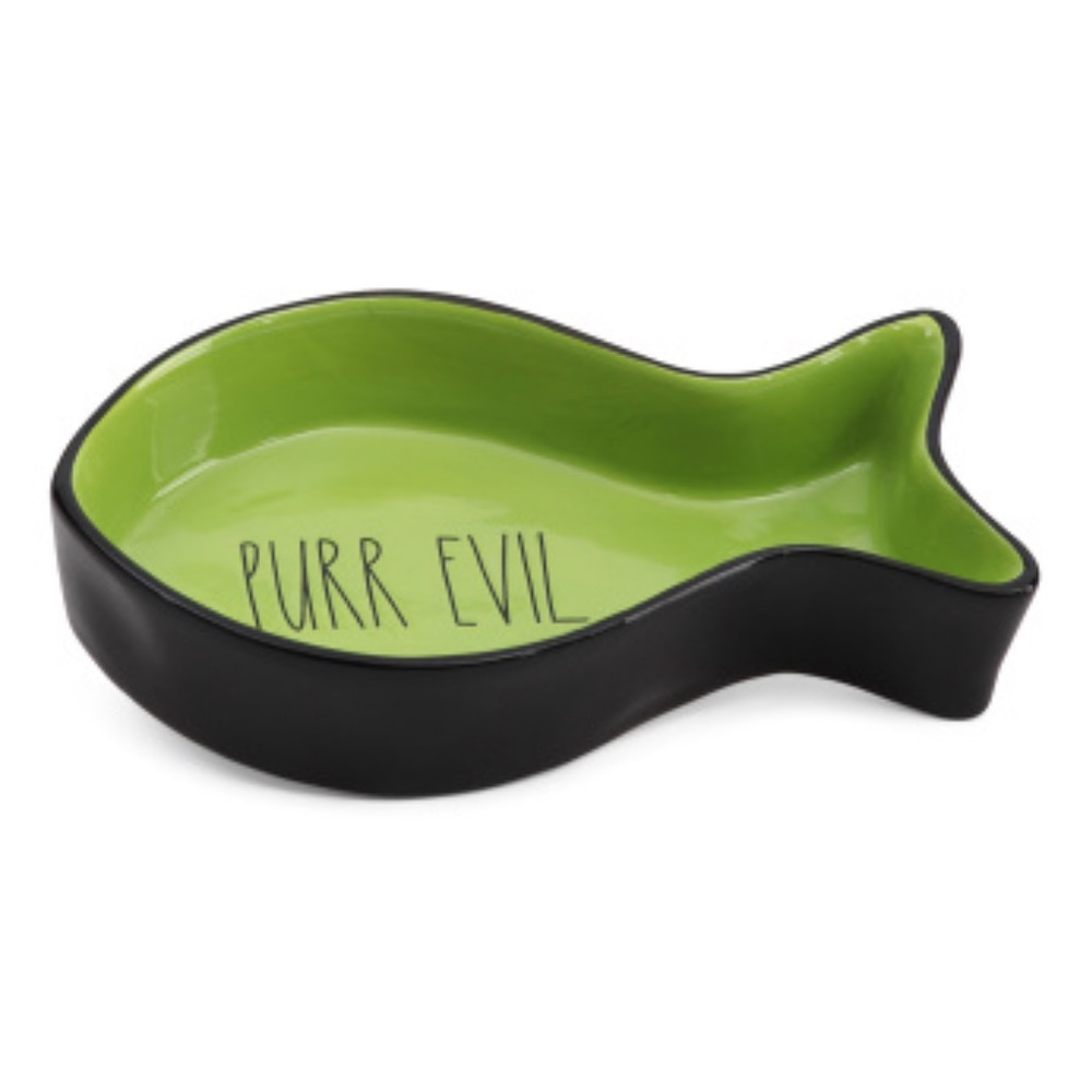 🎃NWT Rae Dunn PURR EVIL Halloween Spooky Goth Cat Bowl Green Black Fish Shape